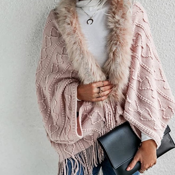 Womens Blush Pink Textured Fringed Faux Fur Trim Open Cardigan OSFM - Picture 4 of 5